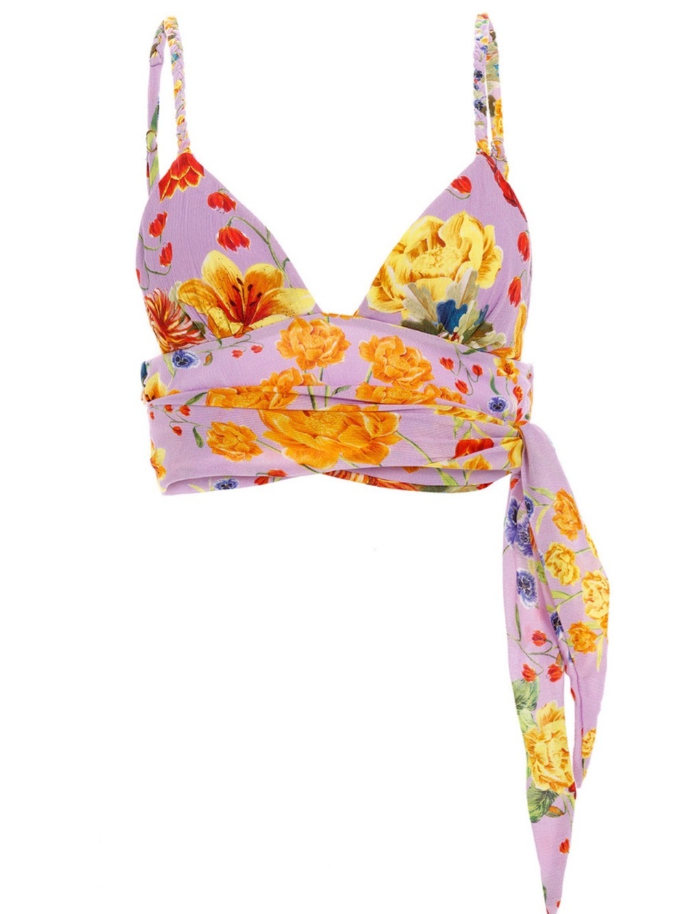 AGUA BENDITA PURPLE FLORAL PADDED CROP WITH BRAIDED STRAPS & TIE BACK DETAIL